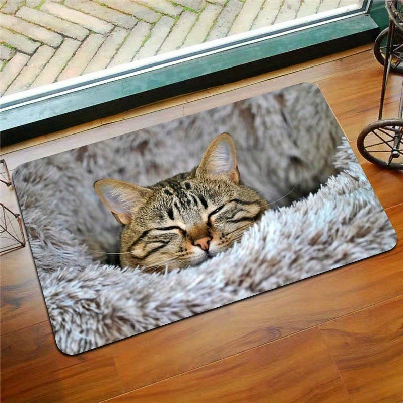 Soft Cat Print Plush Doormat, Easy-to-Clean Polyester Floor Mat with Non-Slip Backing for Living Room, Bedroom, Bathroom, Kitchen - Thick and Stylish Entryway Rug