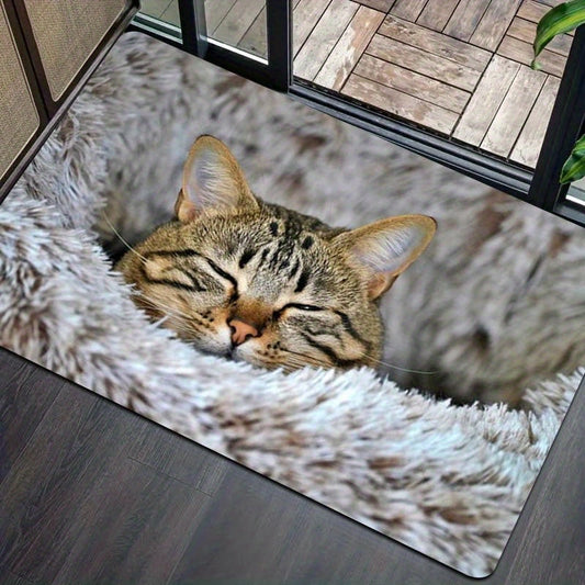 Soft Cat Print Plush Doormat, Easy-to-Clean Polyester Floor Mat with Non-Slip Backing for Living Room, Bedroom, Bathroom, Kitchen - Thick and Stylish Entryway Rug