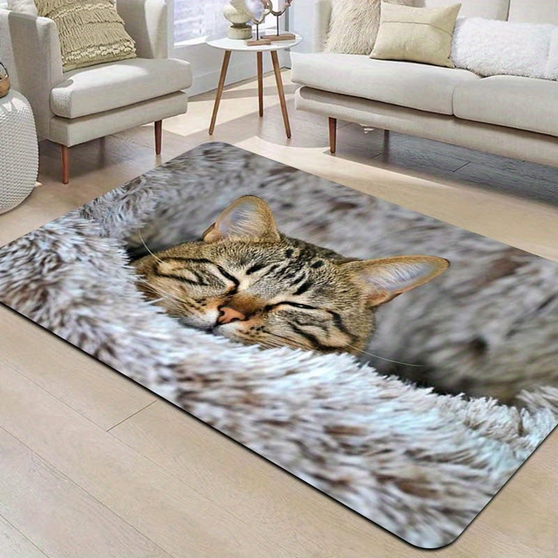 Soft Cat Print Plush Doormat, Easy-to-Clean Polyester Floor Mat with Non-Slip Backing for Living Room, Bedroom, Bathroom, Kitchen - Thick and Stylish Entryway Rug