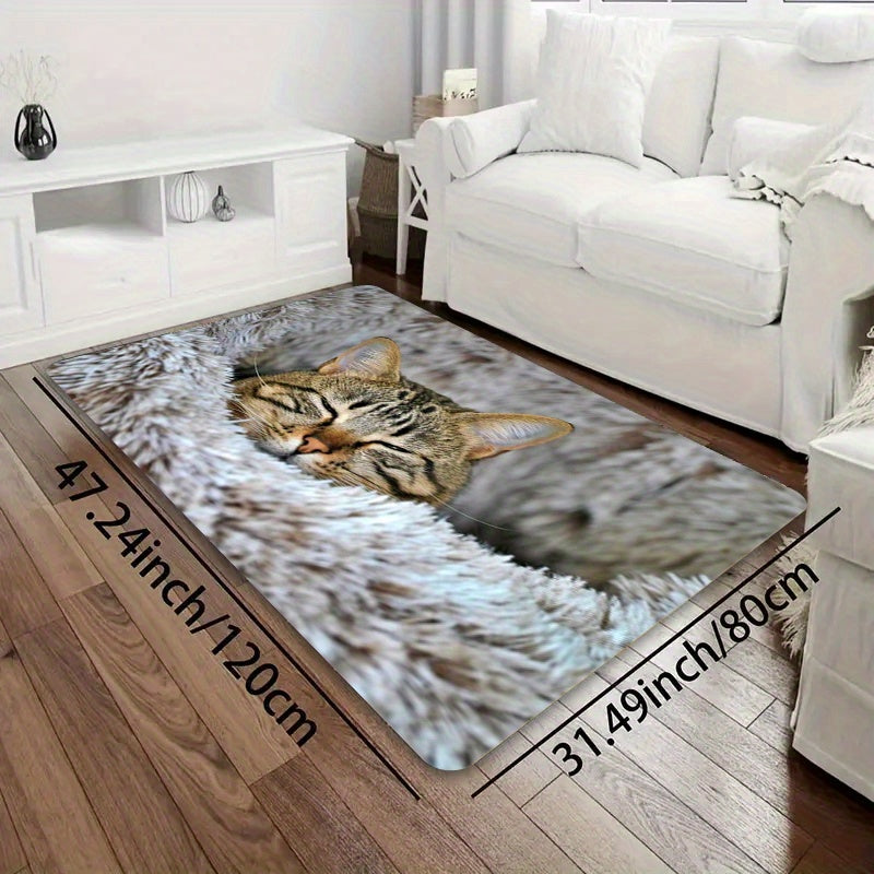 Soft Cat Print Plush Doormat, Easy-to-Clean Polyester Floor Mat with Non-Slip Backing for Living Room, Bedroom, Bathroom, Kitchen - Thick and Stylish Entryway Rug