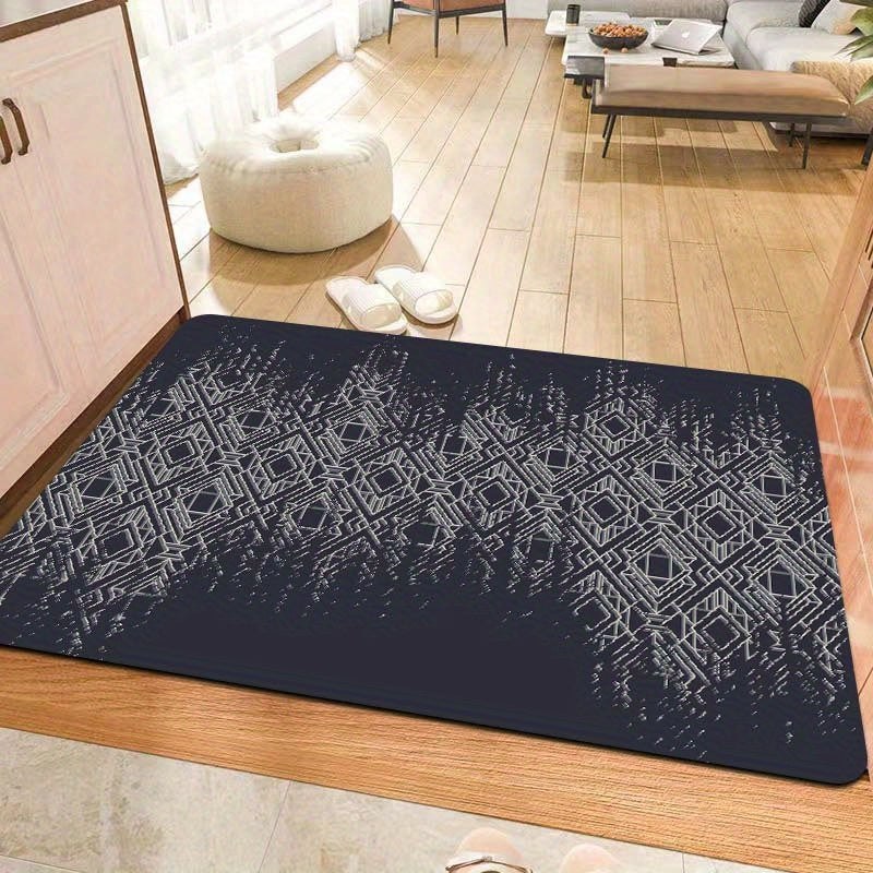 Polyester door mat with a simple diamond geometric pattern, measuring 1 piece and 8mm thick. Suitable for a gaming room, bathroom, kitchen, living room, or bedroom. Features a PVC backing and is machine-made, making it washable for easy maintenance.