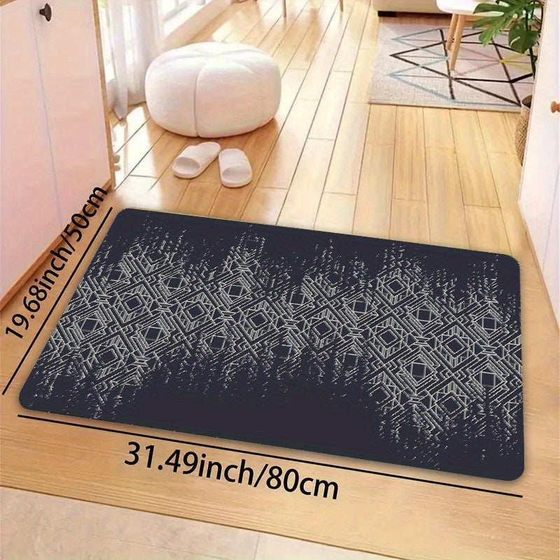 Polyester door mat with a simple diamond geometric pattern, measuring 1 piece and 8mm thick. Suitable for a gaming room, bathroom, kitchen, living room, or bedroom. Features a PVC backing and is machine-made, making it washable for easy maintenance.