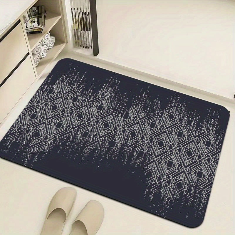 Polyester door mat with a simple diamond geometric pattern, measuring 1 piece and 8mm thick. Suitable for a gaming room, bathroom, kitchen, living room, or bedroom. Features a PVC backing and is machine-made, making it washable for easy maintenance.