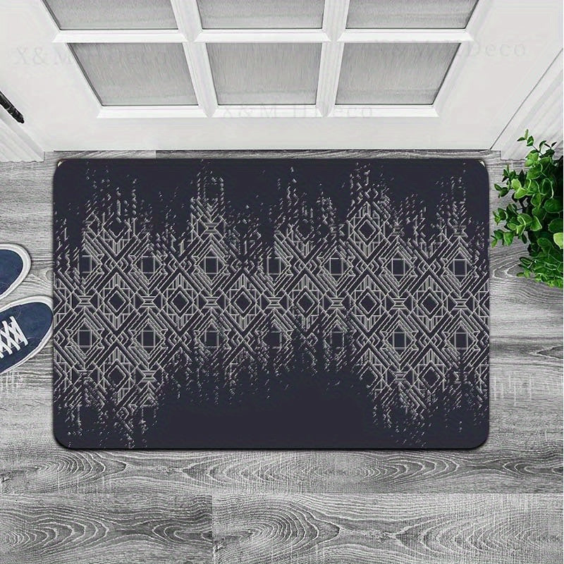 Polyester door mat with a simple diamond geometric pattern, measuring 1 piece and 8mm thick. Suitable for a gaming room, bathroom, kitchen, living room, or bedroom. Features a PVC backing and is machine-made, making it washable for easy maintenance.