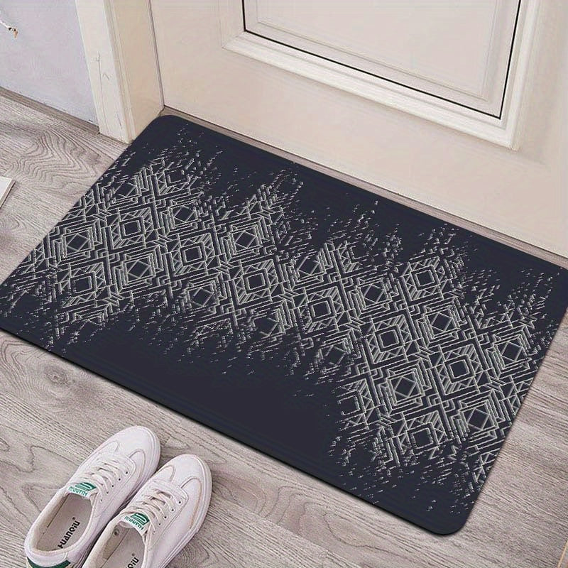 Polyester door mat with a simple diamond geometric pattern, measuring 1 piece and 8mm thick. Suitable for a gaming room, bathroom, kitchen, living room, or bedroom. Features a PVC backing and is machine-made, making it washable for easy maintenance.