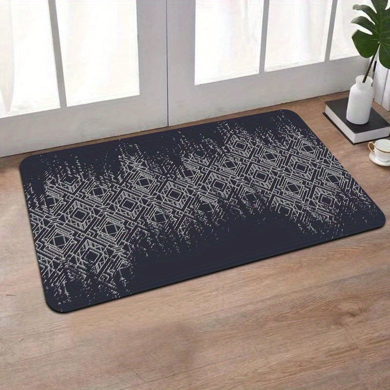 Polyester door mat with a simple diamond geometric pattern, measuring 1 piece and 8mm thick. Suitable for a gaming room, bathroom, kitchen, living room, or bedroom. Features a PVC backing and is machine-made, making it washable for easy maintenance.