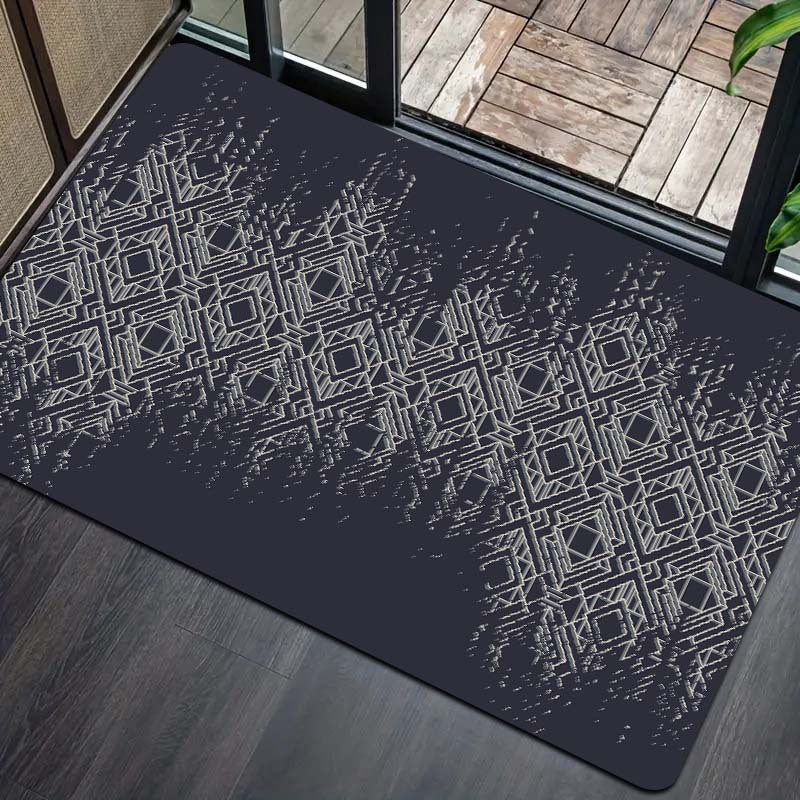 Polyester door mat with a simple diamond geometric pattern, measuring 1 piece and 8mm thick. Suitable for a gaming room, bathroom, kitchen, living room, or bedroom. Features a PVC backing and is machine-made, making it washable for easy maintenance.