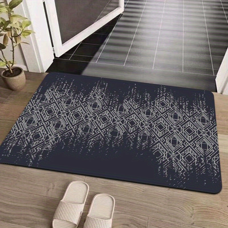 Polyester door mat with a simple diamond geometric pattern, measuring 1 piece and 8mm thick. Suitable for a gaming room, bathroom, kitchen, living room, or bedroom. Features a PVC backing and is machine-made, making it washable for easy maintenance.