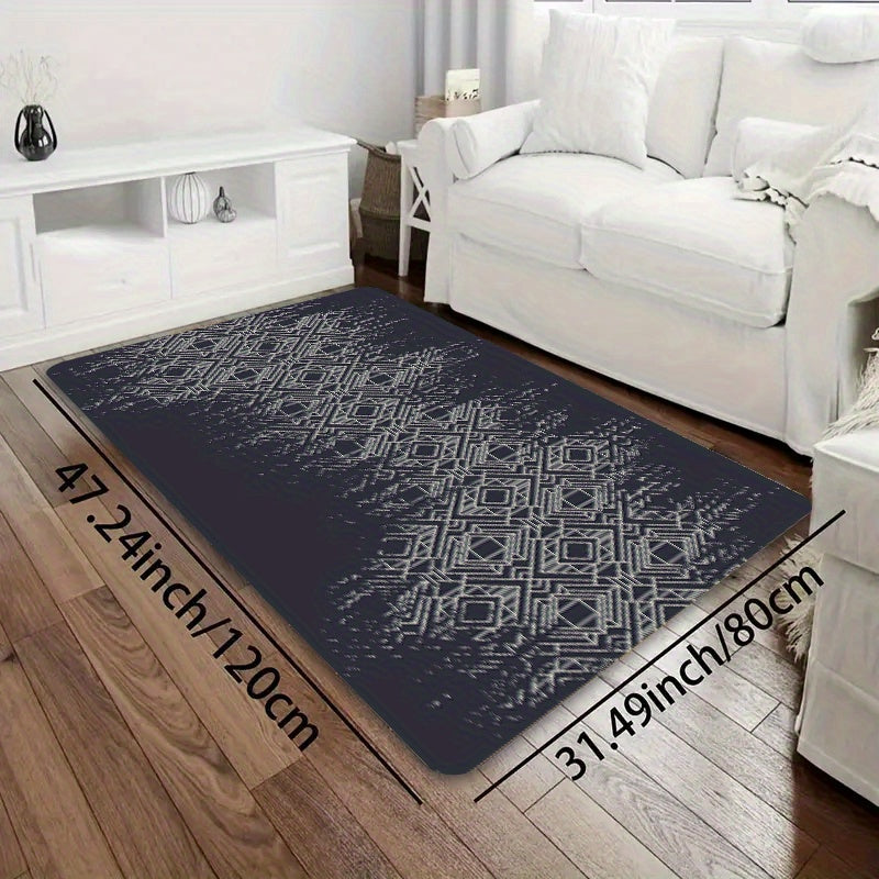 Polyester door mat with a simple diamond geometric pattern, measuring 1 piece and 8mm thick. Suitable for a gaming room, bathroom, kitchen, living room, or bedroom. Features a PVC backing and is machine-made, making it washable for easy maintenance.