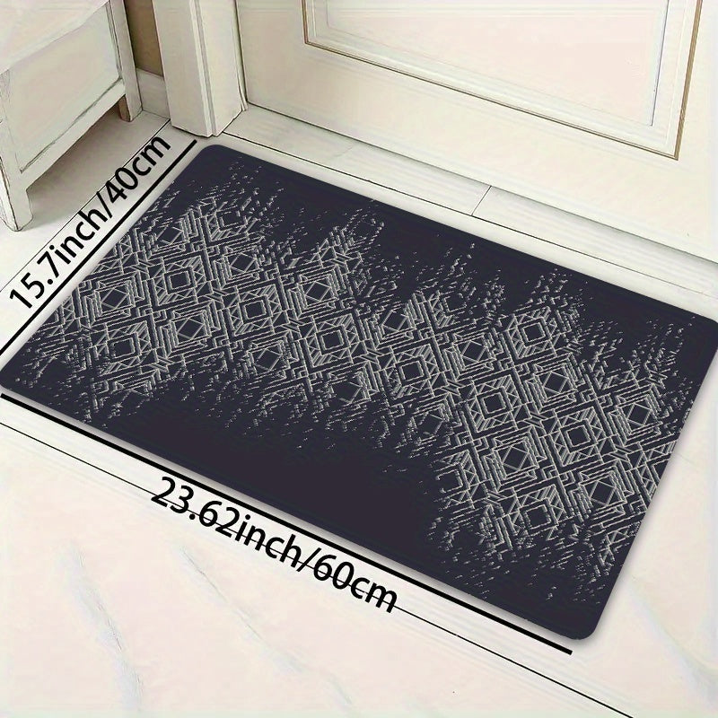 Polyester door mat with a simple diamond geometric pattern, measuring 1 piece and 8mm thick. Suitable for a gaming room, bathroom, kitchen, living room, or bedroom. Features a PVC backing and is machine-made, making it washable for easy maintenance.