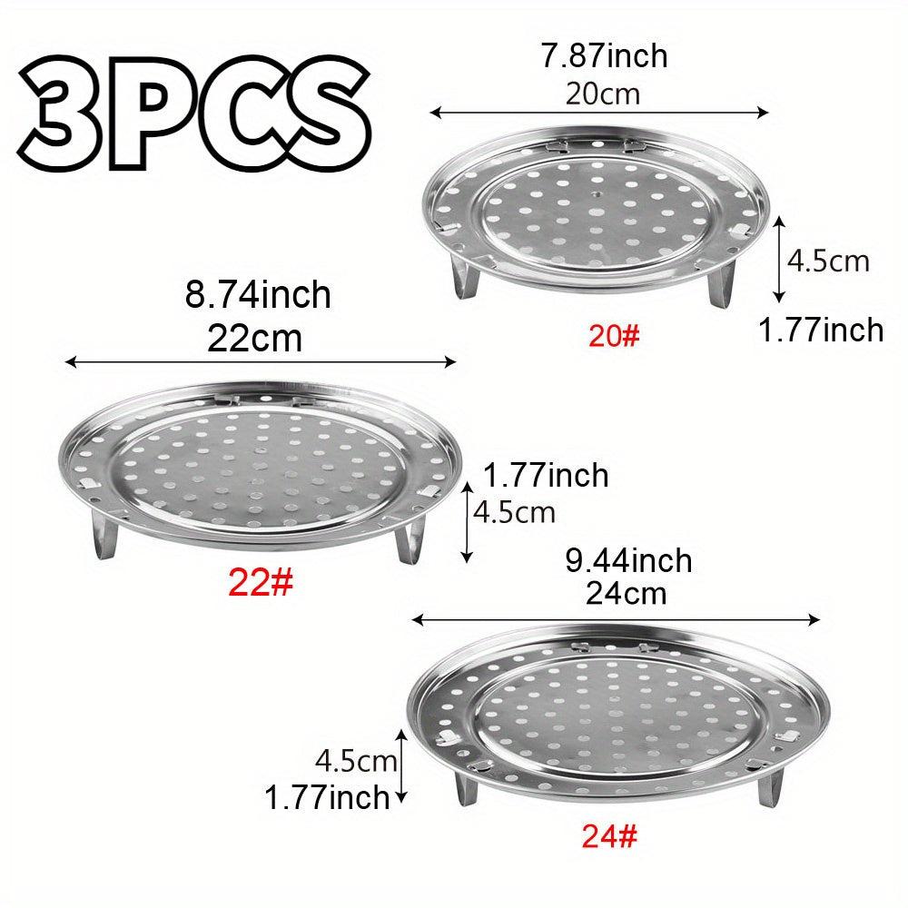 Set of 3 Stainless Steel Egg Poachers, Multi-functional Steamer Racks for Buns and Vegetables, Durable and Space-saving, featuring Simple-to-Clean Circular Kitchen Inserts for Cooking.