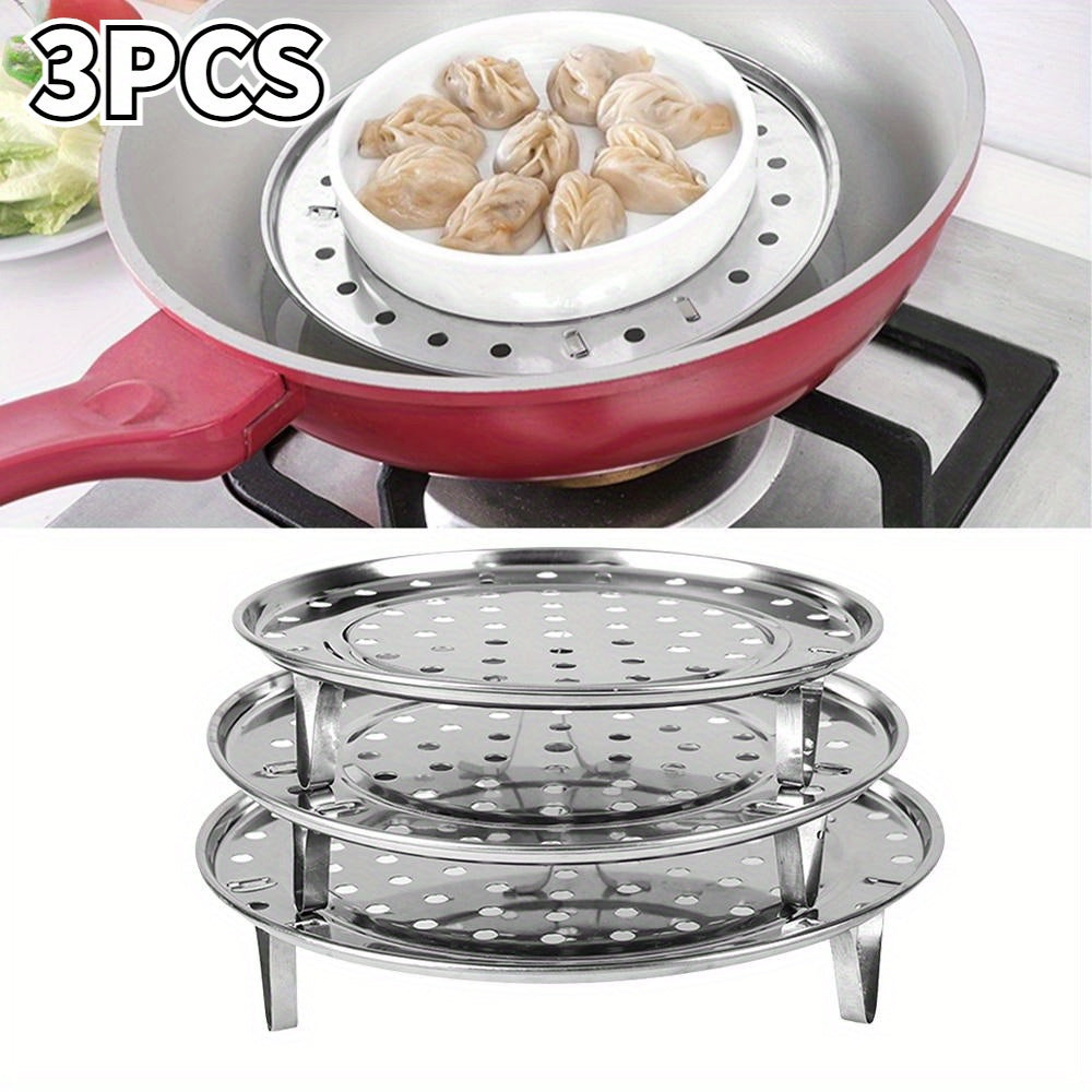 Set of 3 Stainless Steel Egg Poachers, Multi-functional Steamer Racks for Buns and Vegetables, Durable and Space-saving, featuring Simple-to-Clean Circular Kitchen Inserts for Cooking.