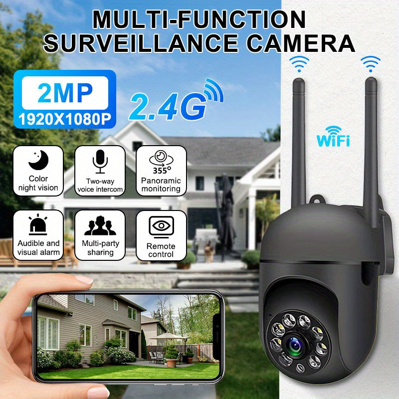 Stay protected with our high-definition 1080P Smart Security Camera. This camera offers crystal clear video quality, 2.4GHz Wi-Fi connectivity, automatic tracking, day and night monitoring, human and pet detection, and outdoor video monitoring. The