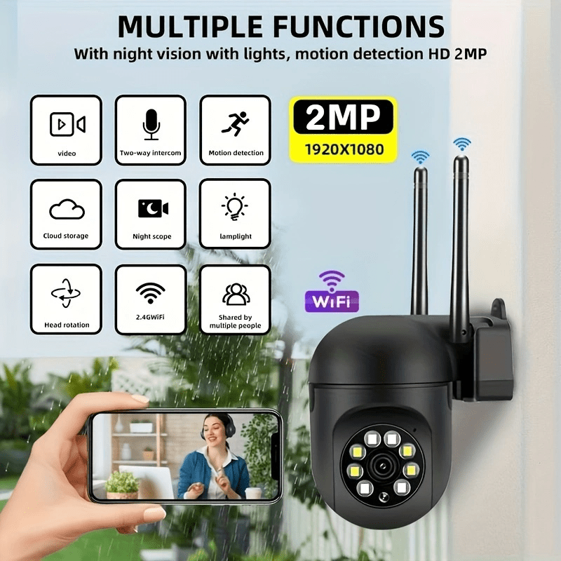 Stay protected with our high-definition 1080P Smart Security Camera. This camera offers crystal clear video quality, 2.4GHz Wi-Fi connectivity, automatic tracking, day and night monitoring, human and pet detection, and outdoor video monitoring. The