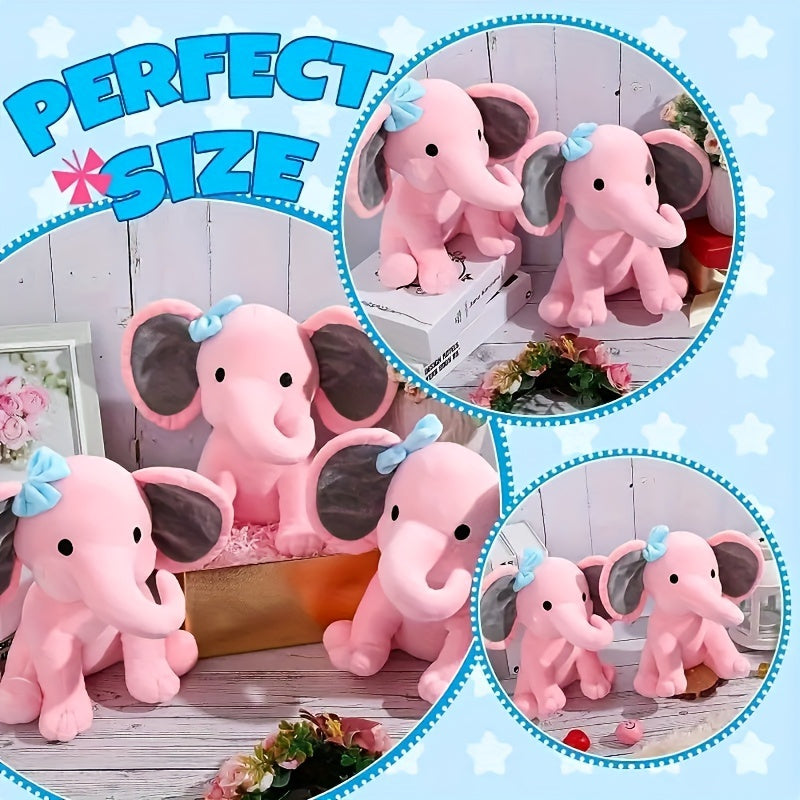 Soft and cuddly elephant plush toy, perfect for young children. Made of soft polyester, this is an ideal gift for both boys and girls. Great for parties and playtime. Available in bright pink and grey colors.