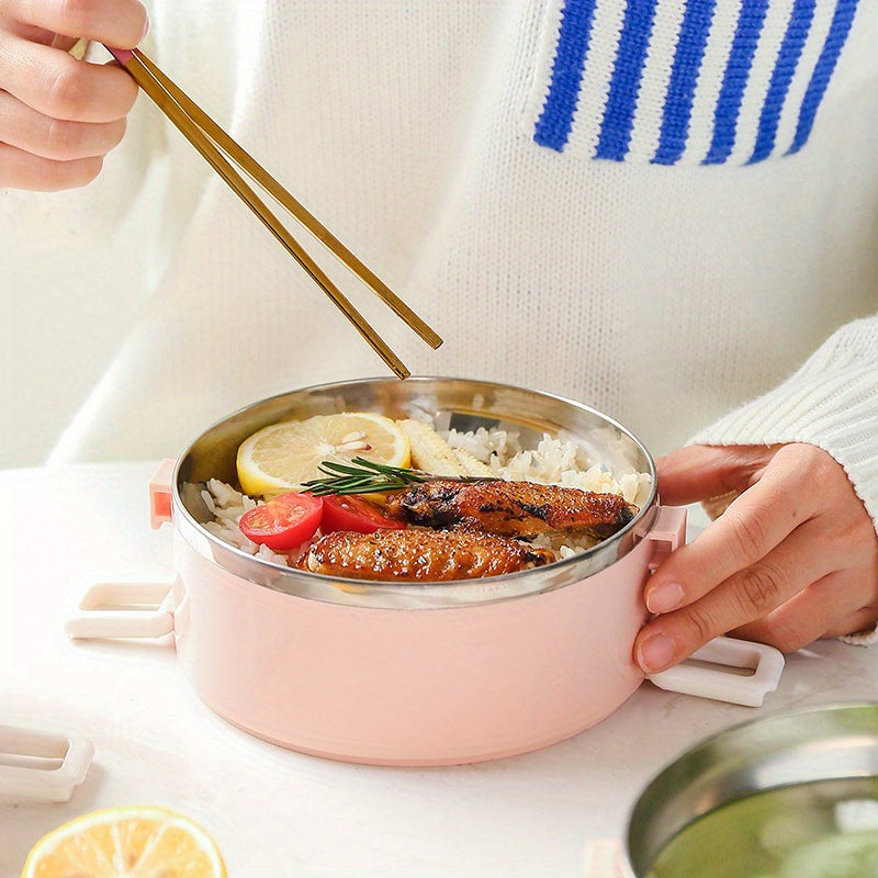 Stainless steel bento box with double layers and secure locking lid for office, school, or picnics. Durable and portable food storage solution.