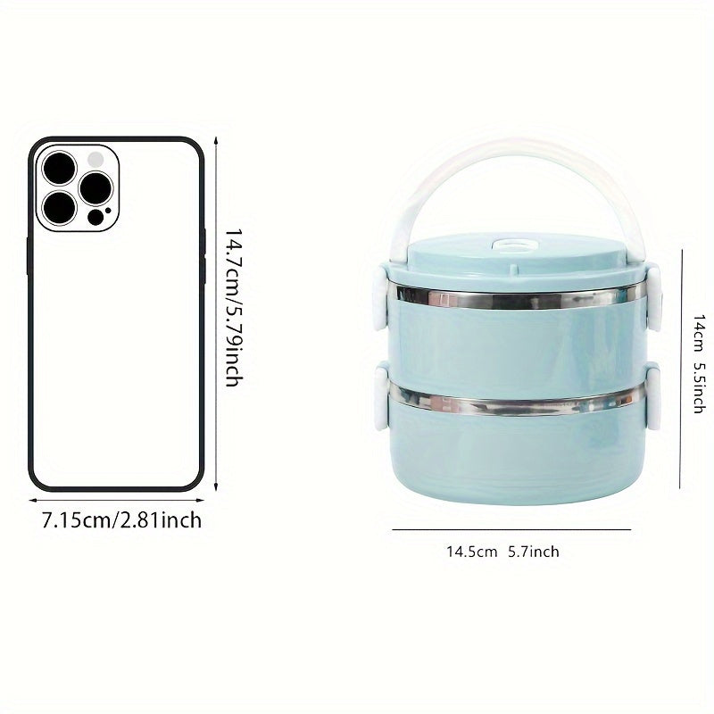 Stainless steel bento box with double layers and secure locking lid for office, school, or picnics. Durable and portable food storage solution.