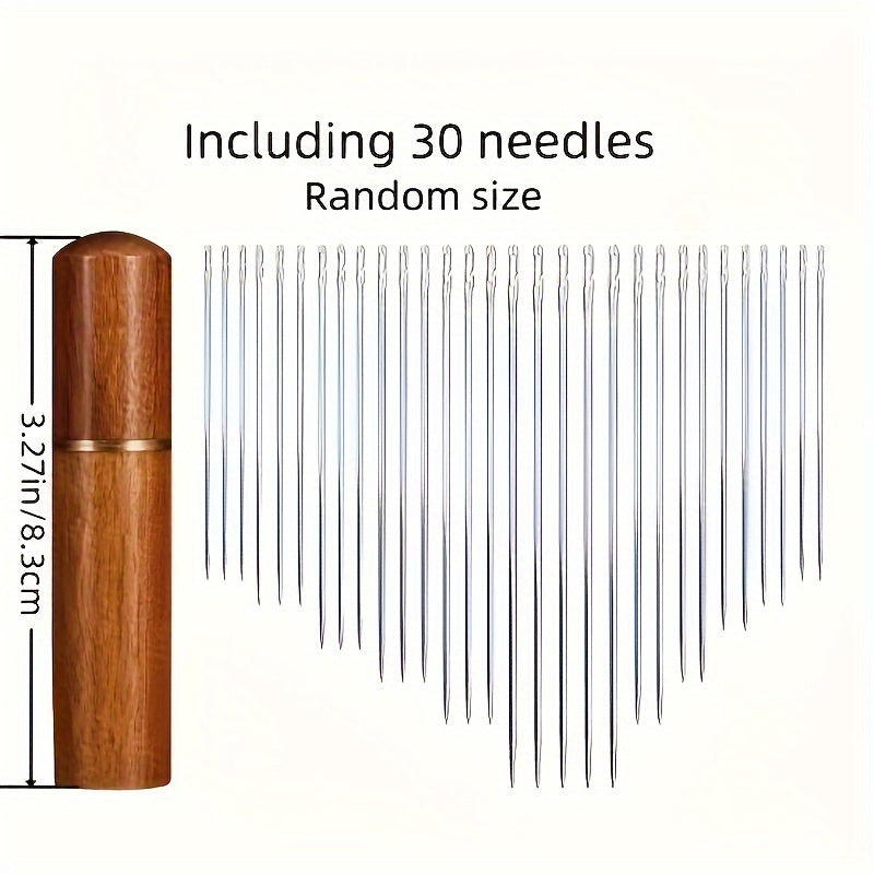 Set of 30 easy thread sewing needles in assorted sizes for hand stitching, patchwork, and cross stitch, with wooden storage tube.