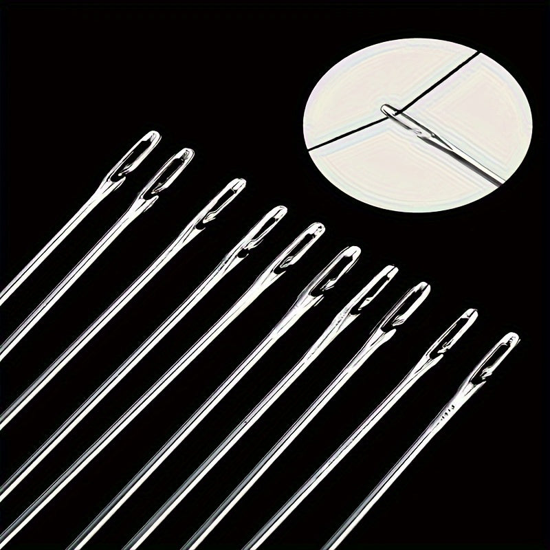 Set of 30 easy thread sewing needles in assorted sizes for hand stitching, patchwork, and cross stitch, with wooden storage tube.