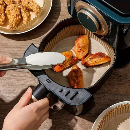 50 pieces of Non-Stick Air Fryer Liners in square shape, perfect for baking, roasting, and microwaving. These disposable muffin cups make cleanup a breeze, ideal for both home and commercial use.