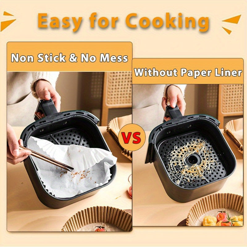 50 pieces of Non-Stick Air Fryer Liners in square shape, perfect for baking, roasting, and microwaving. These disposable muffin cups make cleanup a breeze, ideal for both home and commercial use.