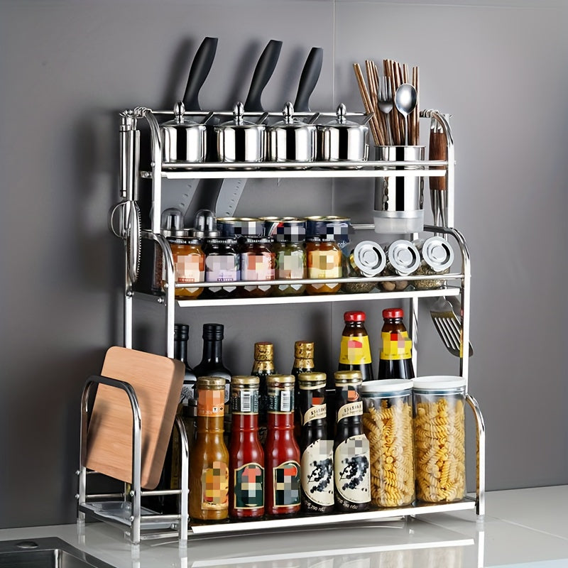 Get organized with this versatile kitchen storage rack! This multi-layer floor-to-ceiling rack is perfect for storing knives, supplies, and seasonings in various styles. Made of stainless steel, it also features a wall-mounted design with six hooks for