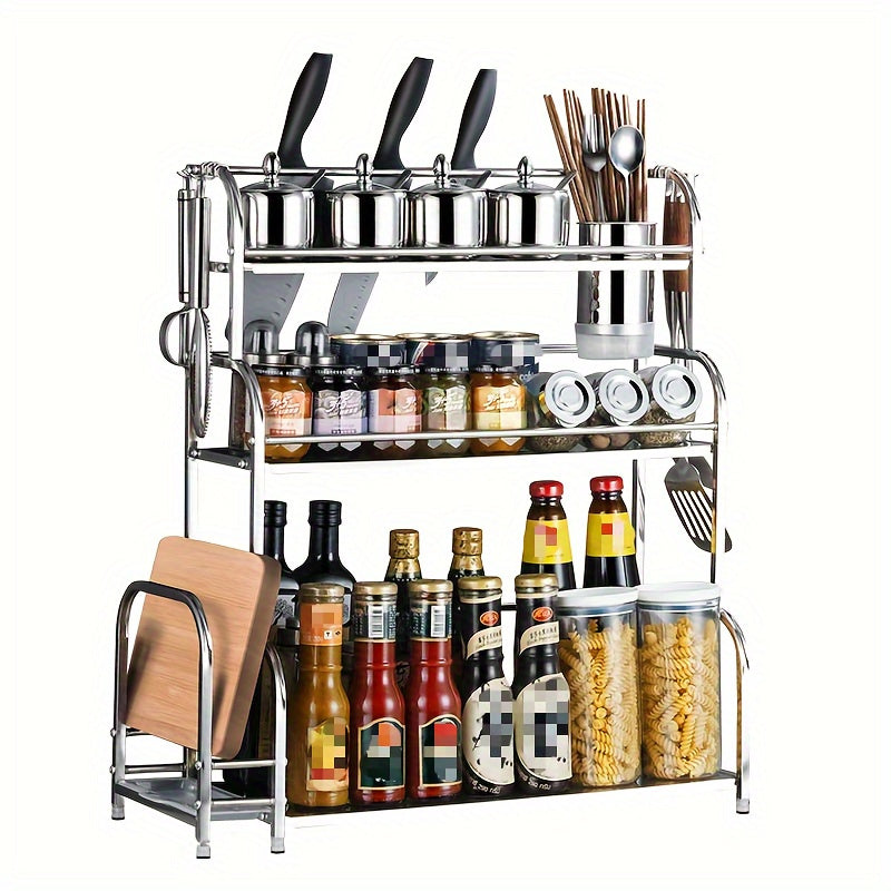 Get organized with this versatile kitchen storage rack! This multi-layer floor-to-ceiling rack is perfect for storing knives, supplies, and seasonings in various styles. Made of stainless steel, it also features a wall-mounted design with six hooks for