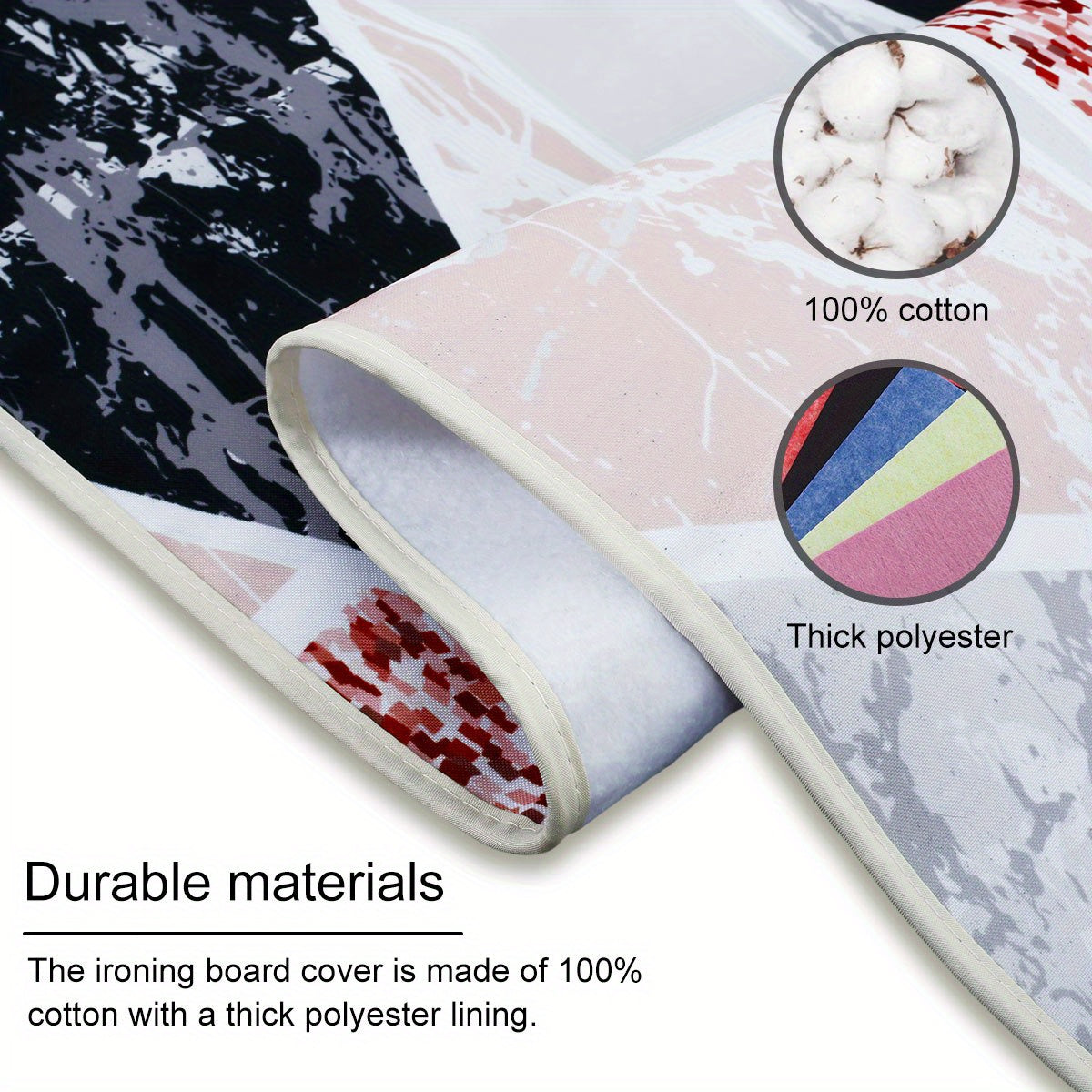 One piece Ironing Board Cover made of 100% cotton, measuring 139.7 X 50.8 cm. This Ironing Board Pad is Scorch Resistant and comes with Adjustable Ironing Board Protective Cloth with Elasticized Edges suitable for Home, Laundry, and Hotel use. The size