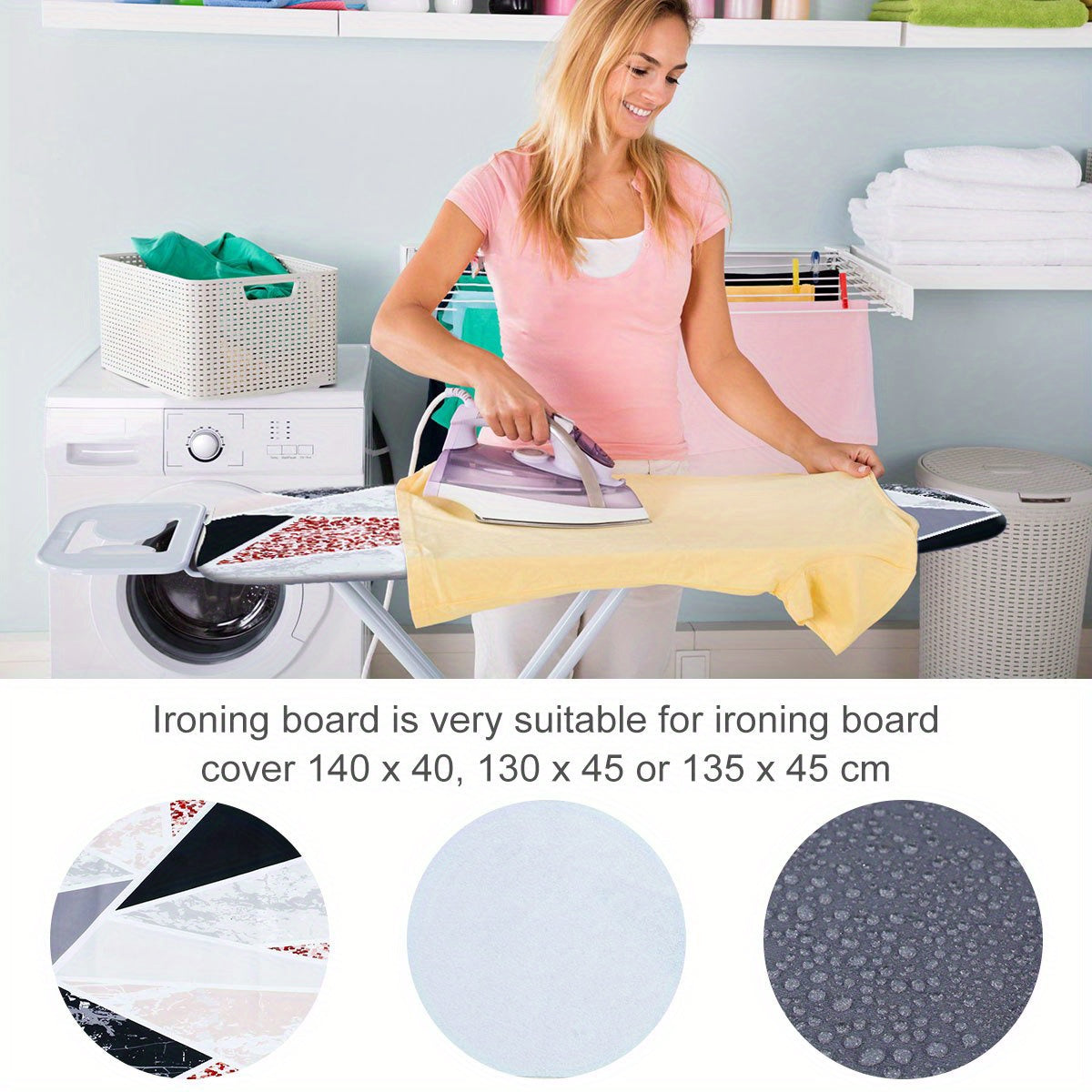 One piece Ironing Board Cover made of 100% cotton, measuring 139.7 X 50.8 cm. This Ironing Board Pad is Scorch Resistant and comes with Adjustable Ironing Board Protective Cloth with Elasticized Edges suitable for Home, Laundry, and Hotel use. The size