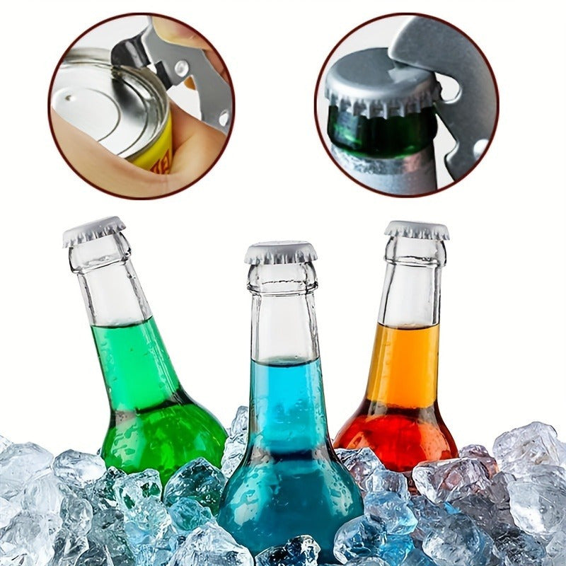 Stainless steel manual can and bottle opener - portable gadget for home, restaurant, and party use, in 5 colors.