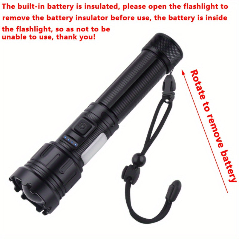 A USB rechargeable LED flashlight with COB work light, 7 brightness modes, 1200mAh lithium battery. Ideal for hiking, camping, and home use.