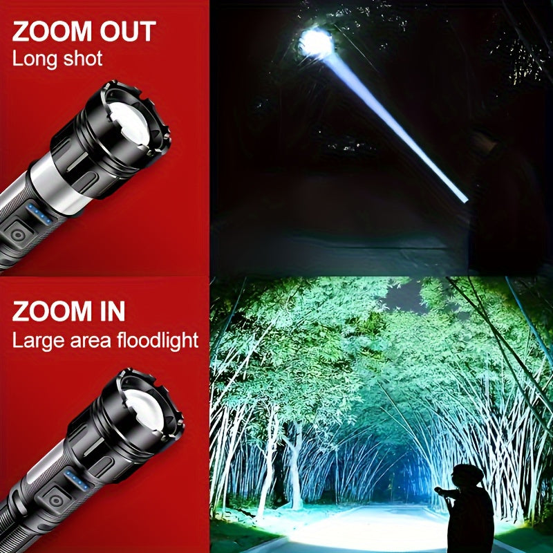 A USB rechargeable LED flashlight with COB work light, 7 brightness modes, 1200mAh lithium battery. Ideal for hiking, camping, and home use.