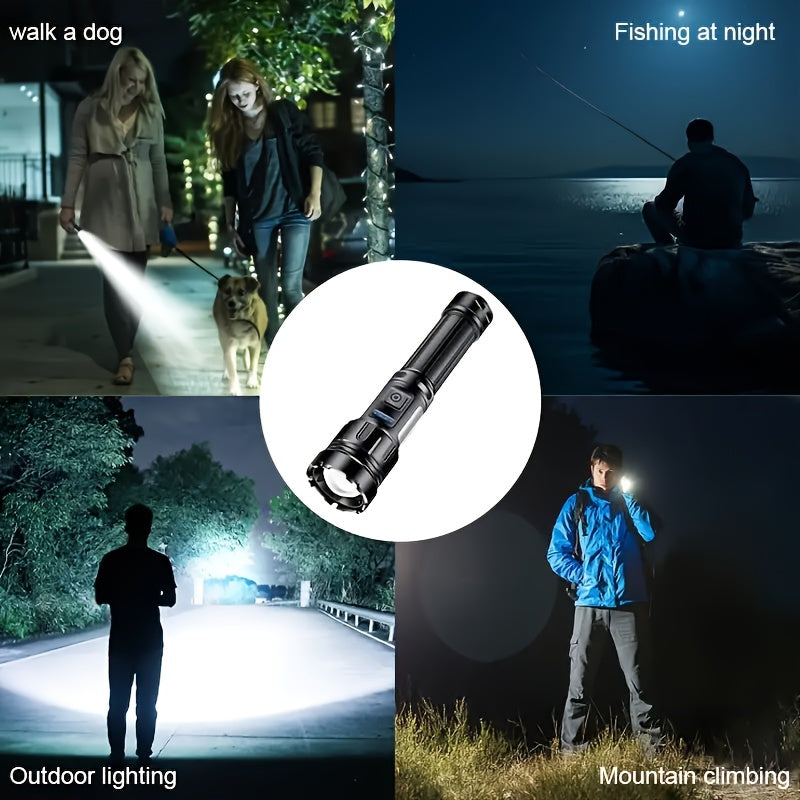 A USB rechargeable LED flashlight with COB work light, 7 brightness modes, 1200mAh lithium battery. Ideal for hiking, camping, and home use.