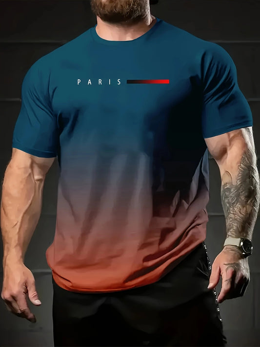 Vintage-inspired gradient Paris graphic tee for men features a black to red transition with iconic "PARIS" design. Made of a polyester blend, it has a crew neck, short sleeves, and is