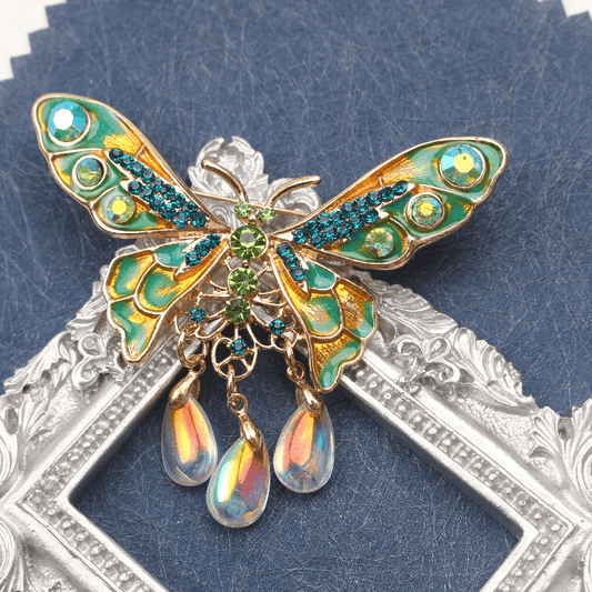 Elegant Enamel Butterfly Brooch with Rhinestone and Tassel Detail, Vintage Inspired Insect Lapel Pin for Women's Jewelry