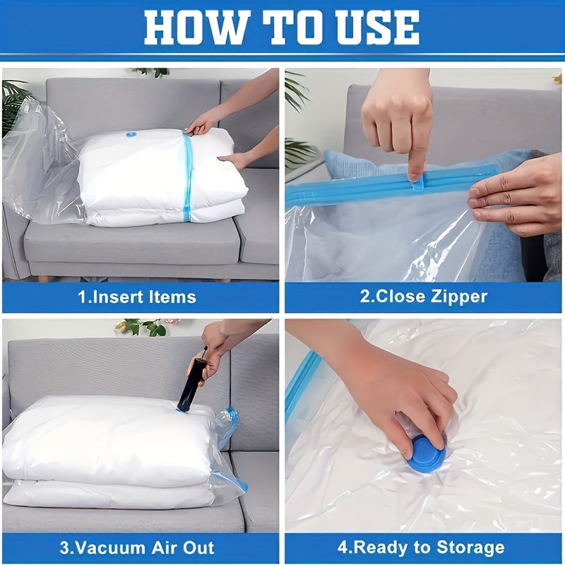 6 space-saving vacuum storage bags with hand pump for blankets, bedding, clothes, quilts, and duvets - reusable, portable, and airtight for home organization, travel, and closet storage.