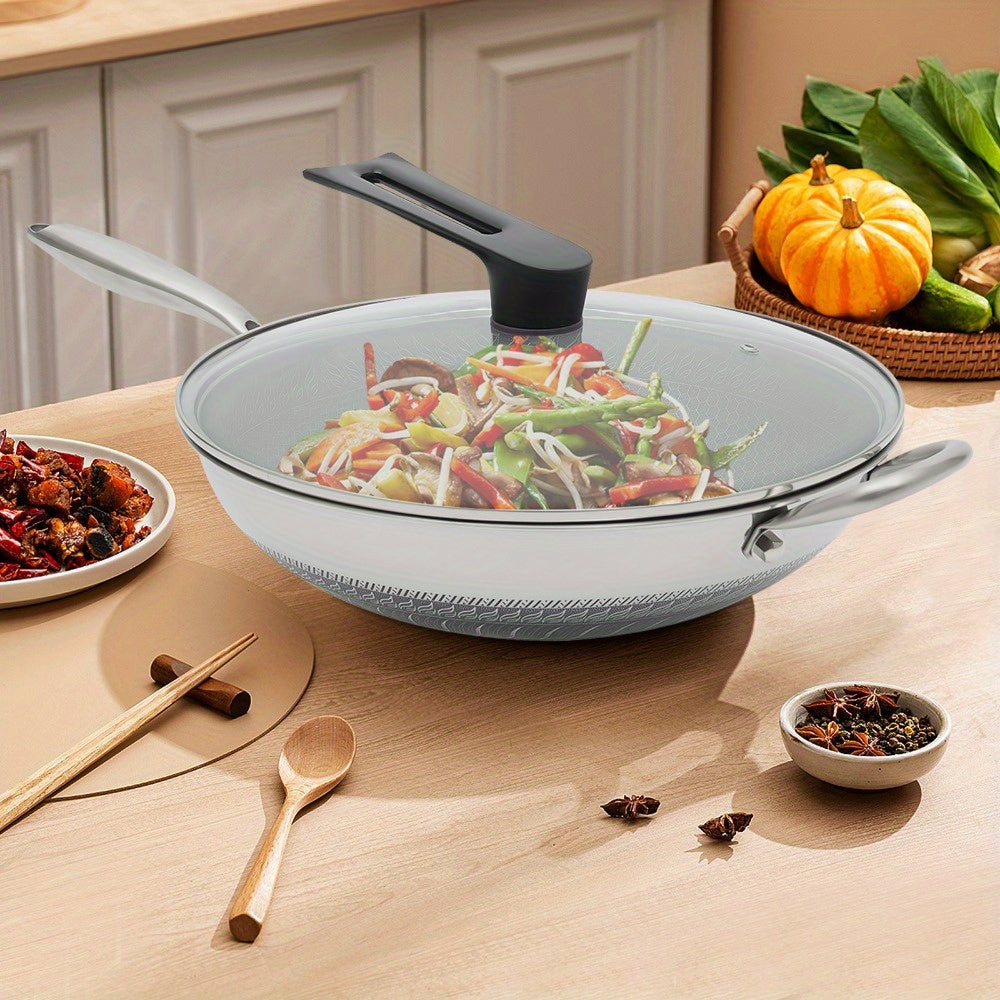 Compact Stainless Steel Wok, 34.04cm in size, Complete with Lid, Suitable for Induction Cooktops, Ceramic & Halogen Stove Safe, Perfect for Cooking at Home, in a Hotel, Restaurant, or Outdoors.