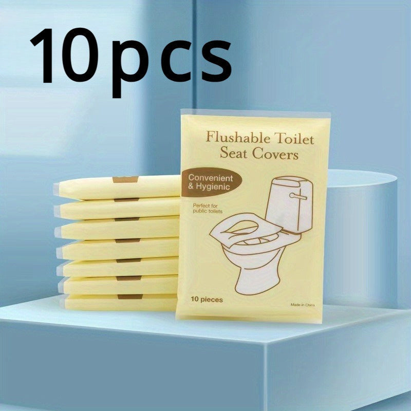 10 flushable toilet seat covers made of non-woven material for convenient and hygienic use in various settings without the need for electricity.