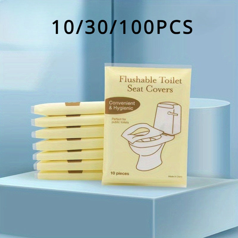 10 flushable toilet seat covers made of non-woven material for convenient and hygienic use in various settings without the need for electricity.