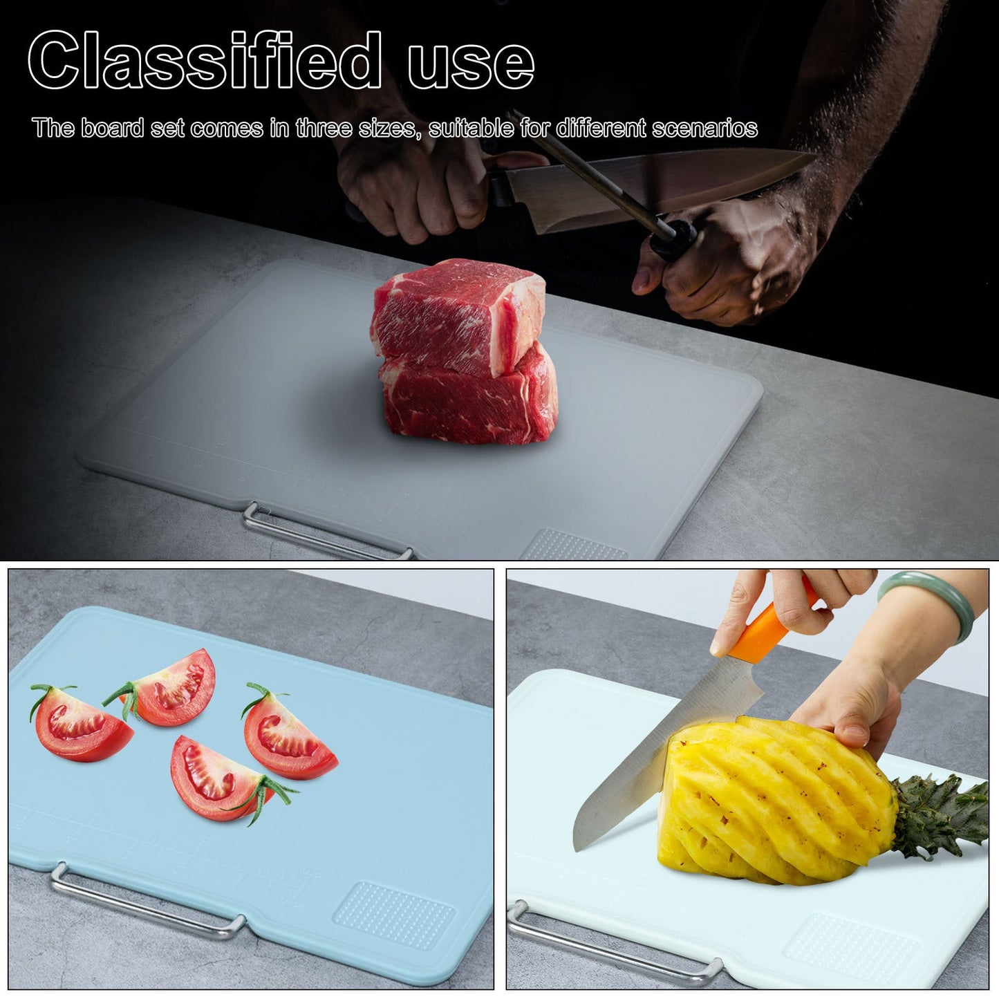 Multifunctional Kitchen Cutting Board Set with Stand, Grinding Area, Scale Markings, and Non-Slip Handle. Includes 3 Sizes of Chopping Boards for Home Kitchen Use.