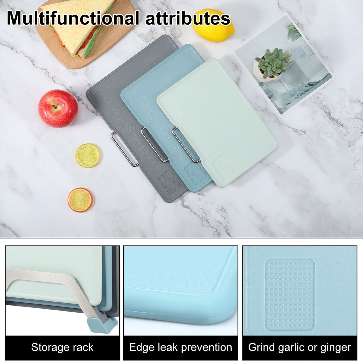 Multifunctional Kitchen Cutting Board Set with Stand, Grinding Area, Scale Markings, and Non-Slip Handle. Includes 3 Sizes of Chopping Boards for Home Kitchen Use.