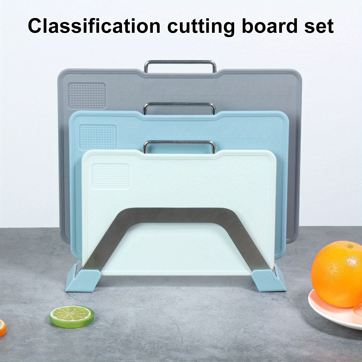 Multifunctional Kitchen Cutting Board Set with Stand, Grinding Area, Scale Markings, and Non-Slip Handle. Includes 3 Sizes of Chopping Boards for Home Kitchen Use.