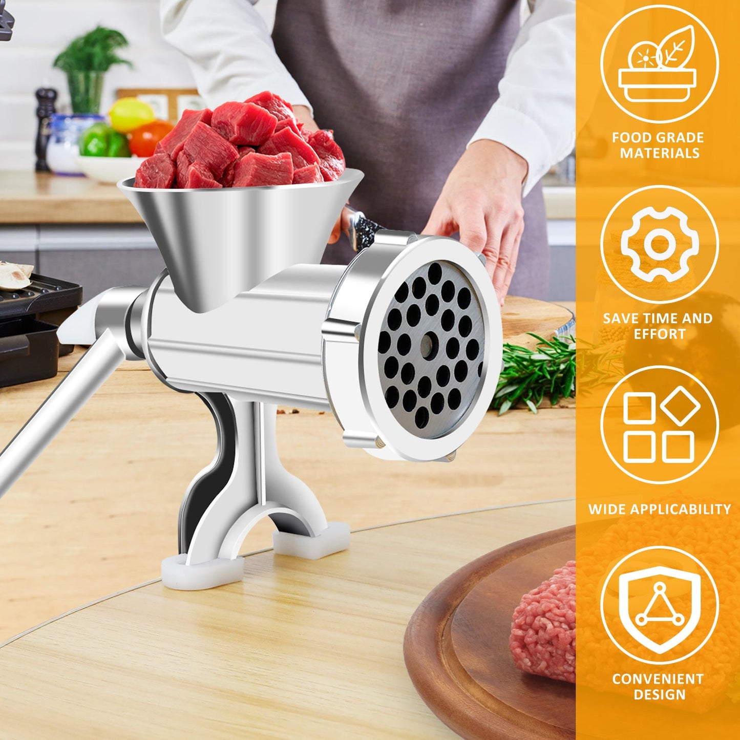 Convenient Manual Meat Grinder with Handle - Durable, Versatile Sausage Maker & Mincer for Home Kitchen - Comes with 3 Stainless Steel Tubes - Perfect for Home Cooking