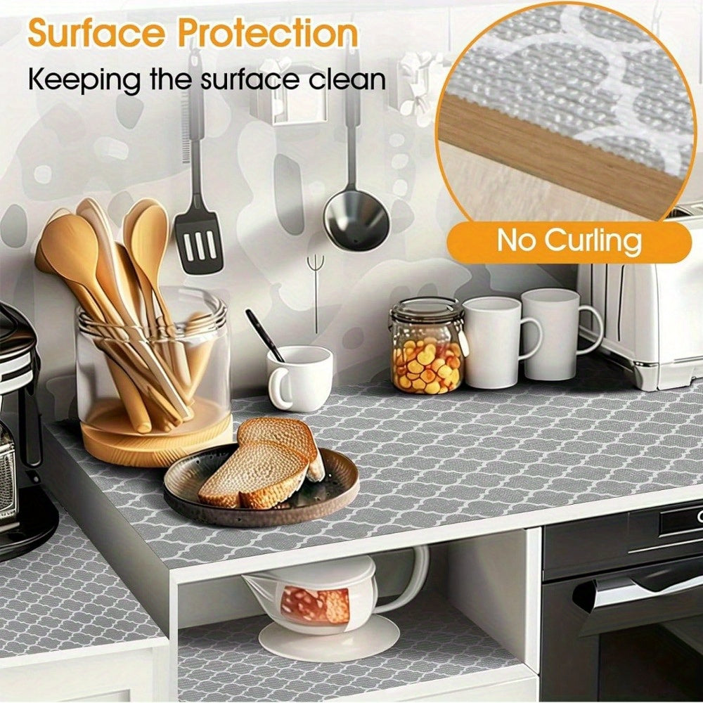 One roll of versatile shelf liner that is ideal for kitchen cabinets, drawers, refrigerators, and pantry shelves. This non-stick and anti-slip liner is waterproof and made of EVA material. Perfect for use in both bathroom and kitchen spaces. Dimensions