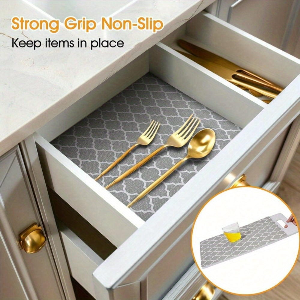 One roll of versatile shelf liner that is ideal for kitchen cabinets, drawers, refrigerators, and pantry shelves. This non-stick and anti-slip liner is waterproof and made of EVA material. Perfect for use in both bathroom and kitchen spaces. Dimensions