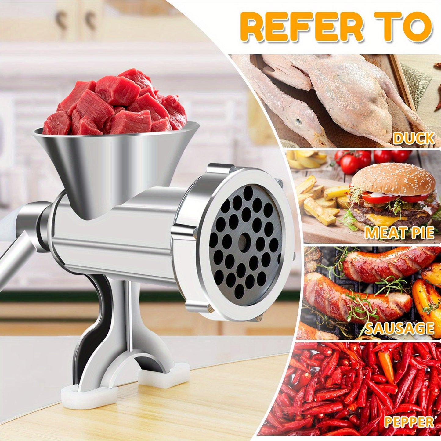 Convenient Manual Meat Grinder with Handle - Durable, Versatile Sausage Maker & Mincer for Home Kitchen - Comes with 3 Stainless Steel Tubes - Perfect for Home Cooking