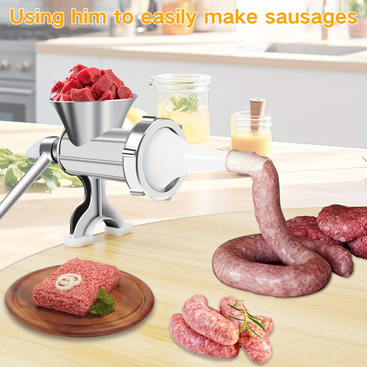 Convenient Manual Meat Grinder with Handle - Durable, Versatile Sausage Maker & Mincer for Home Kitchen - Comes with 3 Stainless Steel Tubes - Perfect for Home Cooking