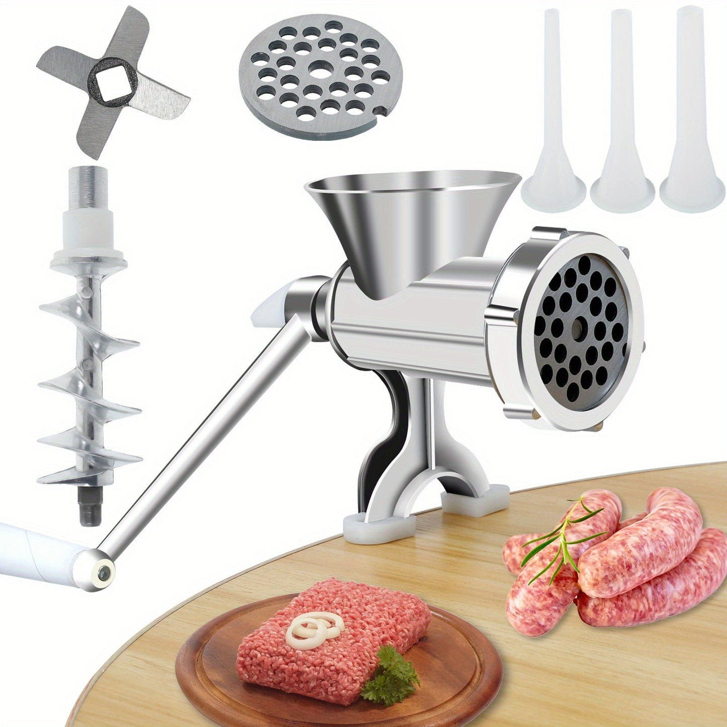 Convenient Manual Meat Grinder with Handle - Durable, Versatile Sausage Maker & Mincer for Home Kitchen - Comes with 3 Stainless Steel Tubes - Perfect for Home Cooking