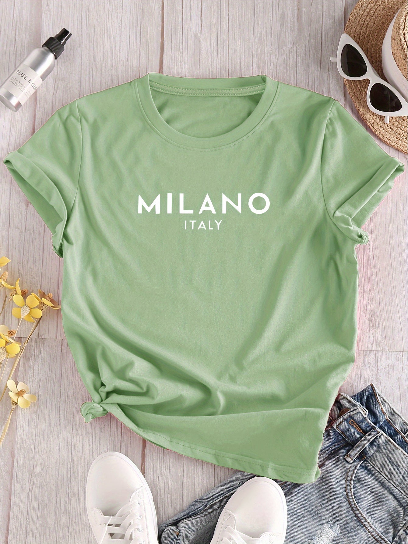 Milano Italy print women's T-shirt with short sleeves, crew neck, knit polyester blend, slight stretch - Spring/Summer/Fall collection.