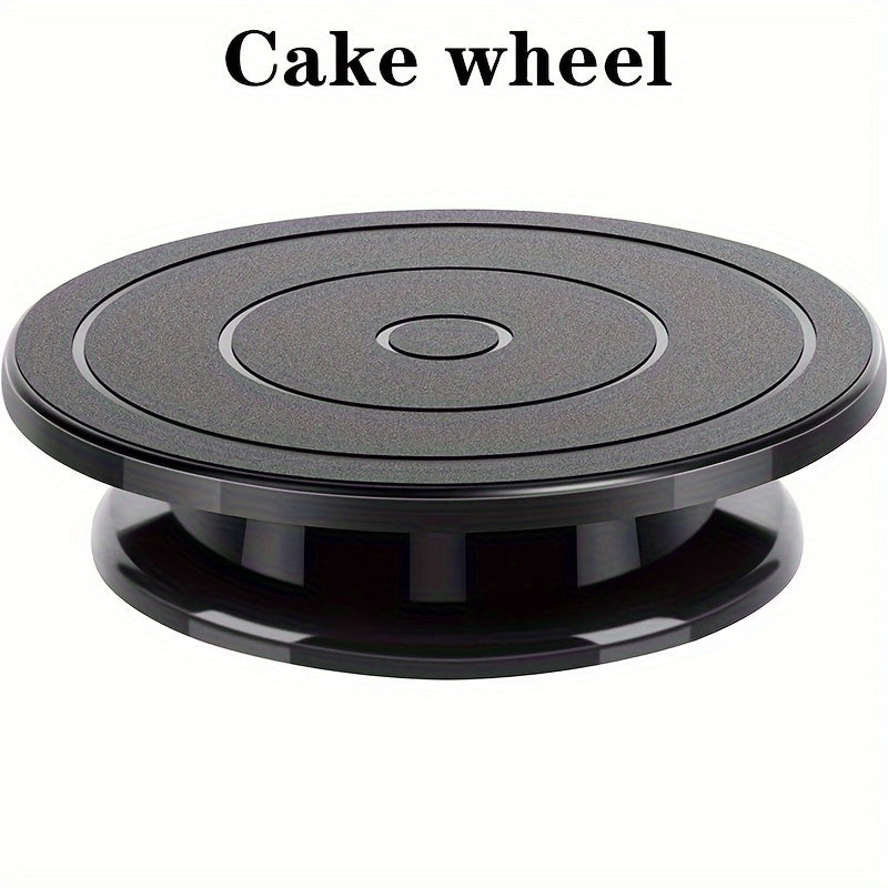 11-inch rotating turntable for pottery and cake decorating, lightweight black plastic stand for displaying artwork.